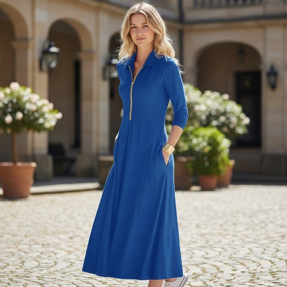 Soft Surroundings Swingtime‎ Sapphire Blue Zip Maxi Women's Dress Ponte Small